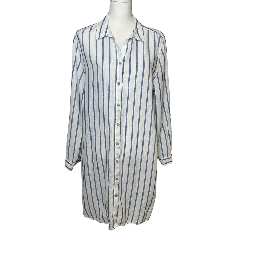 Chico's Women Linen Shirt Dress Blue White Striped Metallic size 3 (16)